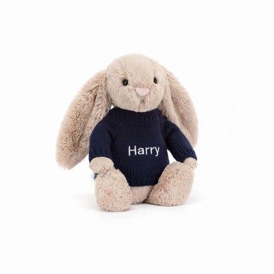 Jellycat Bashful Beige Bunny with Navy Jumper UK | 71843HKAE
